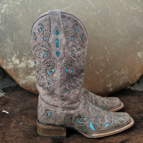 CORRAL A1149 brown studded leather cowgirl western boots turquoise inlay sz 7 - Picture 6 of 16